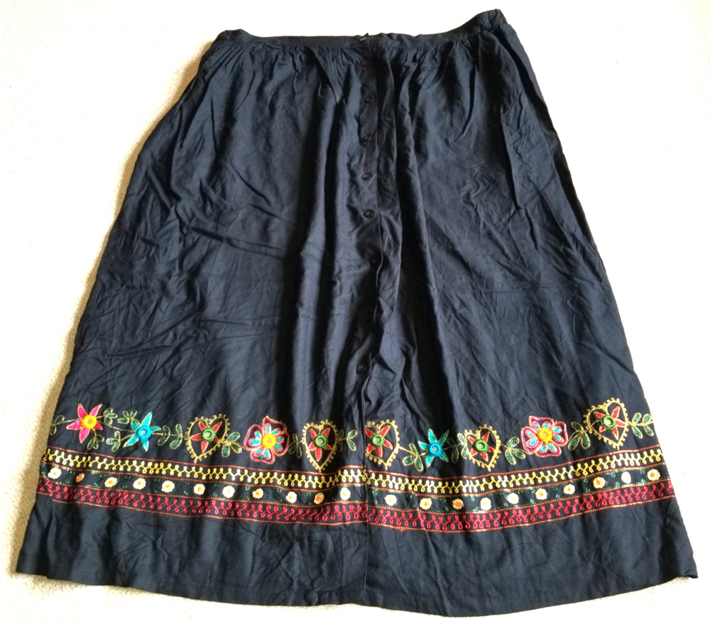 Womens Skirt-SMITHSONIAN INSTITUTION-black gathered embroidered Boho Folk-XL /2X